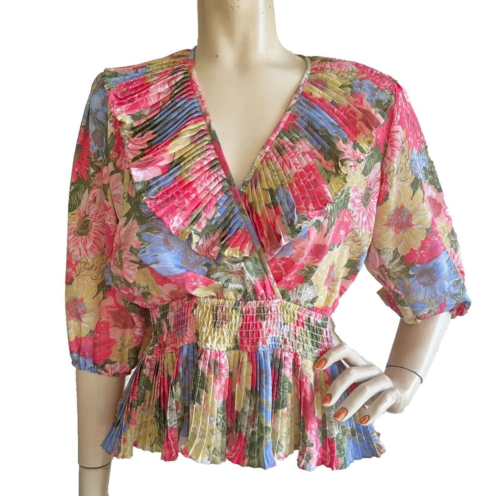 VTG SUSAN TUDOR Top Floral Pastel Pleated Ruffled 80's Blouse USA Size XS